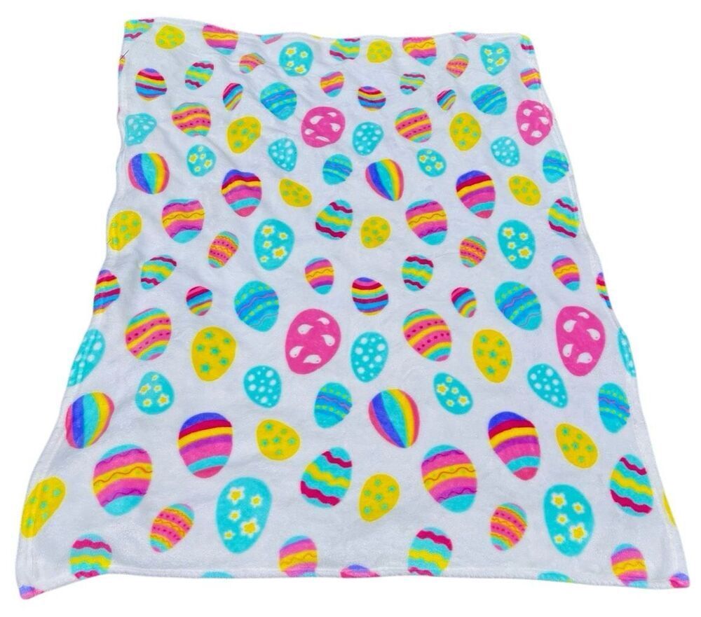 Festive Easter Egg Print Fleece Throw Blanket Vibrant Pastel & Polka Dot Eggs